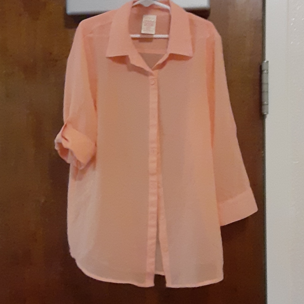 Faded glory mesh button down peach colored shirt